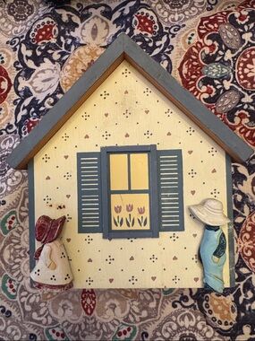 Vintage Country Cottage Napkin Holder - Yellow & Blue Wooden House with Children